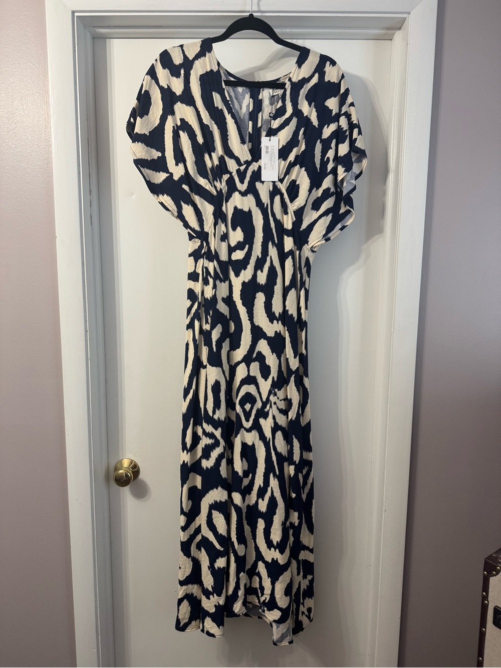 Navy and Cream Patterned V-Neck Maxi Dress
